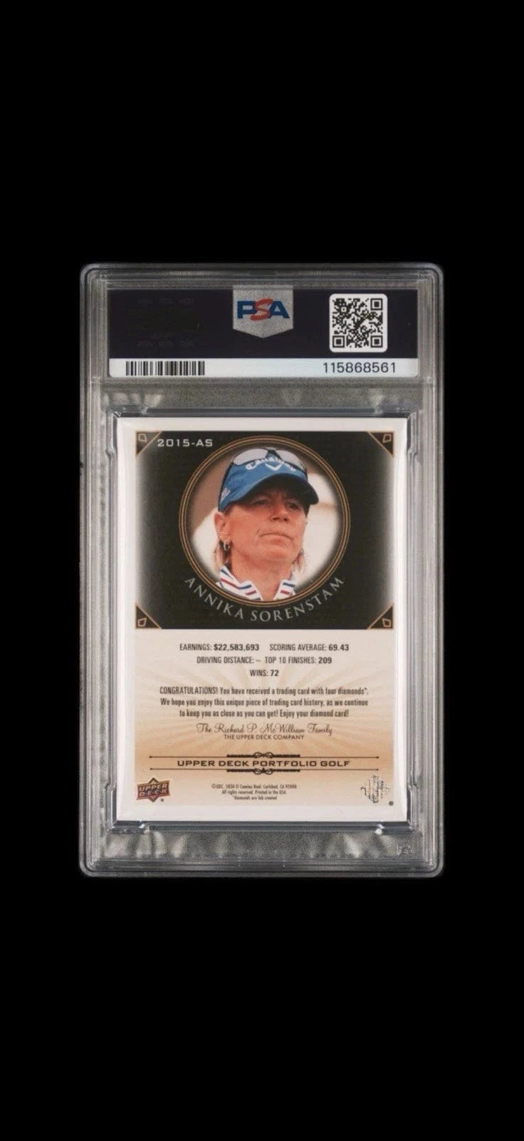 Tour Quality Golf's Shop 2024 UPPER DECK GOLF PORTFOLIO ANNIKA SORENSTAM BLACK DIAMOND RELIC 43/99 PSA